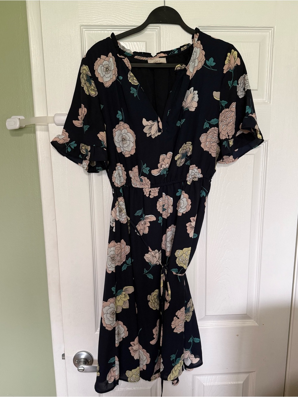 LOFT Floral V-Neck Short Sleeve Dress - Navy with Blush & Teal Flowers
